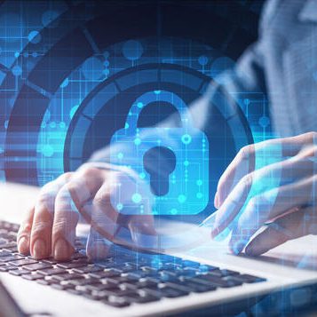 Digital cybersecurity and network protection concept. Virtual locking mechanism to access shared resources. Interactive virtual control screen with padlock. Businessman working at laptop on background